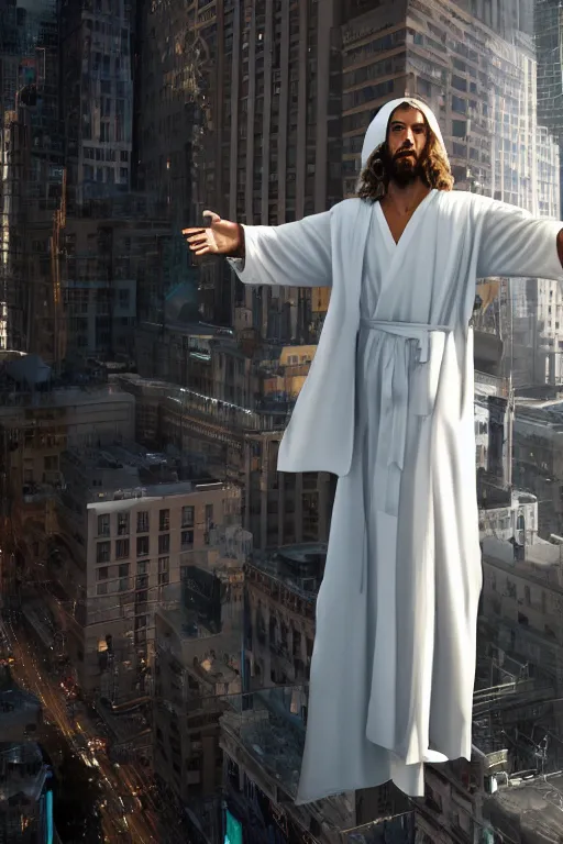 Image similar to jesus christ wearing a white robe with robotic arms and robotic legs walks in downtown new york in the future, intricate, hyper detailed, accent lighting, dramatic light, 4 k octane render