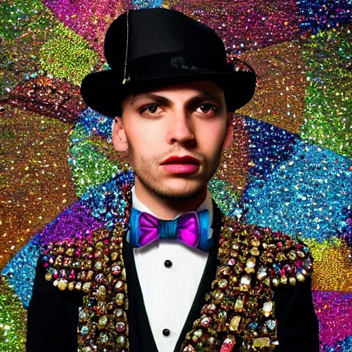 Prompt: A very handsome jewelpunk young man. A Jewelpunk society would be one of gleaming perfection, where every surface is adorned with sparkling gems and jewelry. The skies would be a rainbow of colors, as light reflecting off of the endless gems creates a spectrum of hues. The people would be impeccably dressed, with each outfit adorned with jewels that match their personality and status. Even the weapons and other tools would be made out of precious metals and gems, adding to the overall air of opulence. Men are sexualized as much as women.