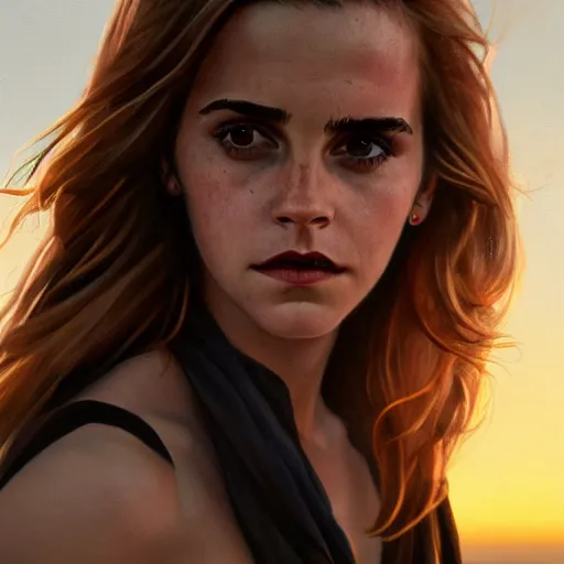 Prompt: portrait of emma watson on the beach at sunset, looking scared, dramatic lighting, high - res, greg rutkowski