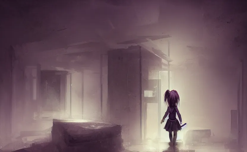 Prompt: School girl holding a katana and standing on an abandoned hospital room, horror sccene. By William-Adolphe Bouguerea, Jordan grimmer, fractal flame. Highly_detailded