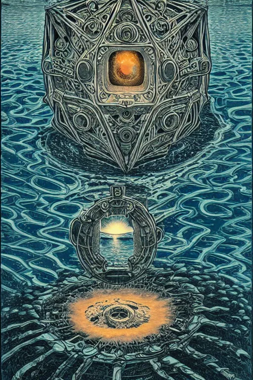 Prompt: dreamy portal in the center of the lake, abstract black oil, gear mecha, beautiful woman body, detailed acrylic, grunge, intricate complexity, by dan mumford and by alberto giacometti, m. c. escher