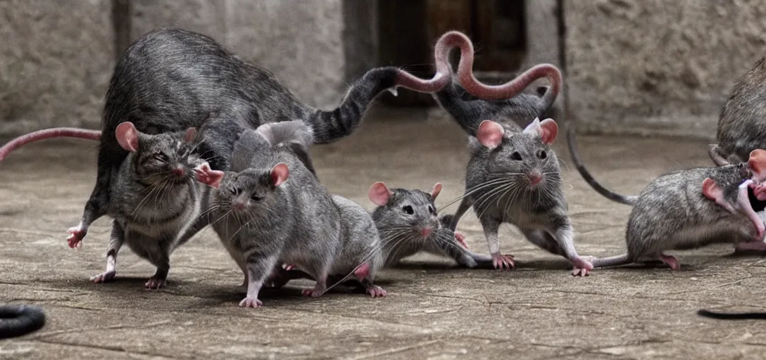 Image similar to rats vs cats as gladiators fighting in gladiator arena