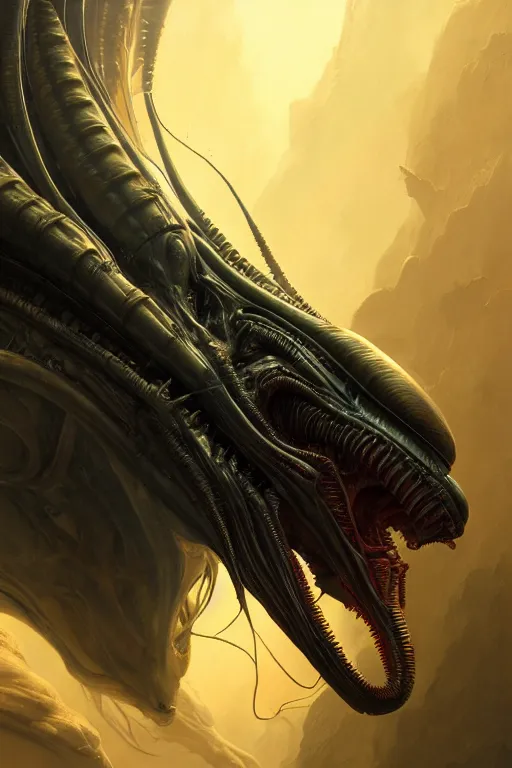 Prompt: alien xenomorph, close - up portrait, intricate, elegant, volumetric lighting, scenery, digital painting, highly detailed, artstation, sharp focus, illustration, concept art, gaston bussiere, ruan jia, steve mccurry