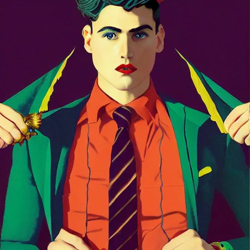 Image similar to Young Spanish man is Super Spy Captain, the Electric Boy, Art by Joshua Middleton, socks, Rene Magritte, succulent plants Chalk white skin, deep purple hair, Green eyes, Orange background, Mucha, Portrait of the man, surreal, ,carbon black and antique gold