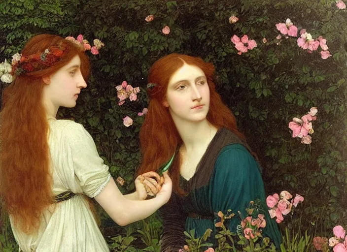 Prompt: a very very very beautiful Pre-Raphaelite painting of two women in a lush garden brushing their hair, by Waterhouse