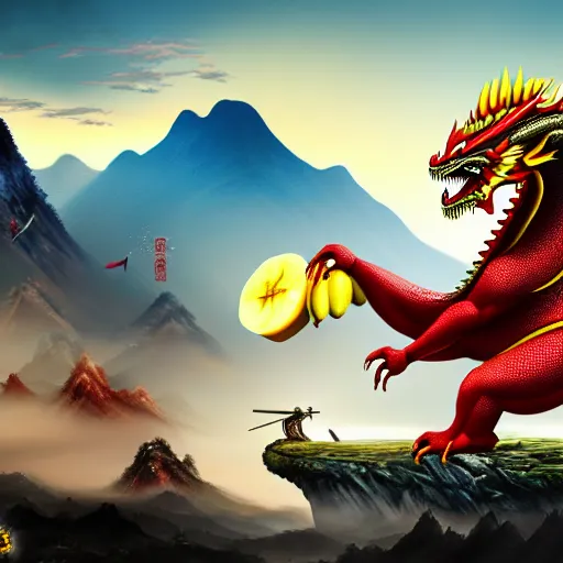 Image similar to Chinese president, bananas weapon, battle the dragon, mountains background, fantasy art, 4k