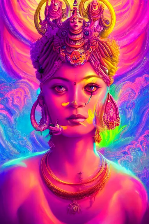 Image similar to a beautiful hindu goddess engulfed in colorful liquid smoke and neon clouds, a colorful psychedelic experience, dmt, lsd, face, highly detailed, artstation, concept art, matte, sharp focus, illustration, digital art by hana yata, and artem demura and beeple, octane render, unreal engine, 8 k