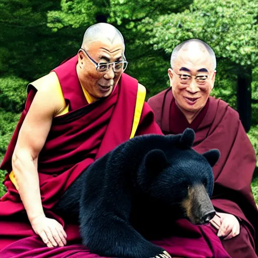 Image similar to kyoto and Dalai Lama smiling at a black bear