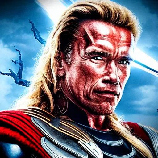 Image similar to Arnold Schwarzenegger as Thor, realistic photo portrait, movie poster