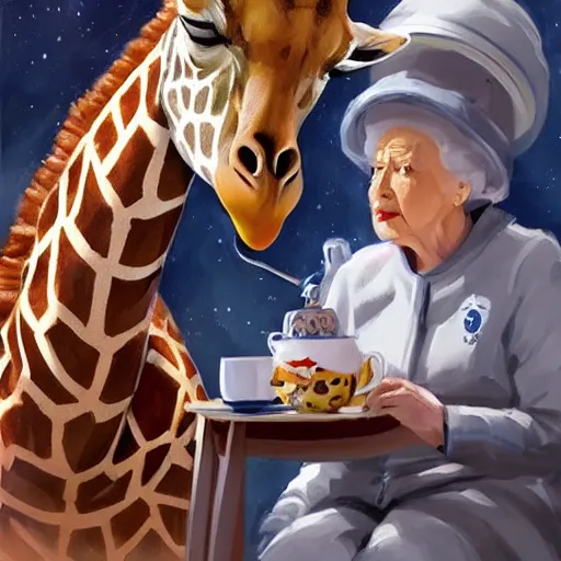 Image similar to a giraffe astronaut drinking tea with queen isabel, trending on artstation, art by greg manchess, guangjian, detailed digital art, artstation hd