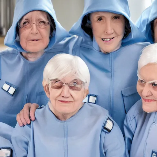 Image similar to troop 1 2 0 - year - old grannies with white bob hairdos, tight light blue neopren suits, futuristic cloning facility, sci - fi, highly detailed, cinematic