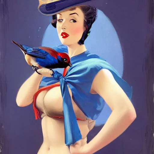 Image similar to pinup girl holding an indigo bunting, bird, the bird is wearing a bowtie, by greg rutkowski, rossdraws, gil elvgren, enoch bolles, anime, porcelain skin, very coherent