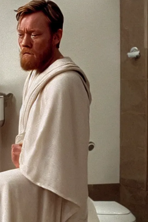 Image similar to Obi-Wan crying with a look of anguish on the toilet after realising there's no more toilet paper