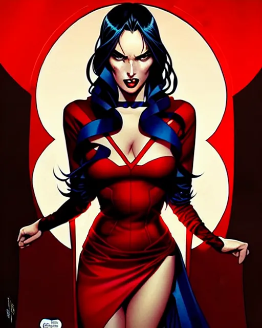 Image similar to artgerm, joshua middleton comic cover art, full body pretty megan fox vampire sharp teeth, red dress, symmetrical eyes, symmetrical face, long curly black hair, dark castle background background, cinematic lighting