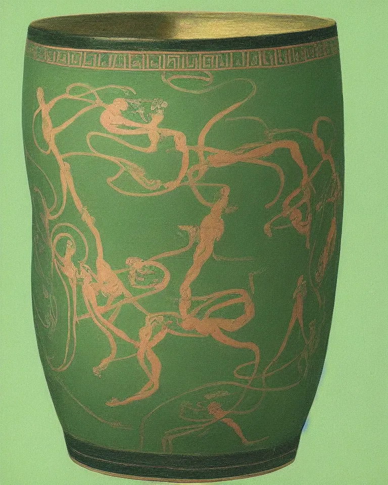 Image similar to achingly beautiful print of intricately painted ancient greek krater on a green pastel background by rene magritte, monet, and turner.