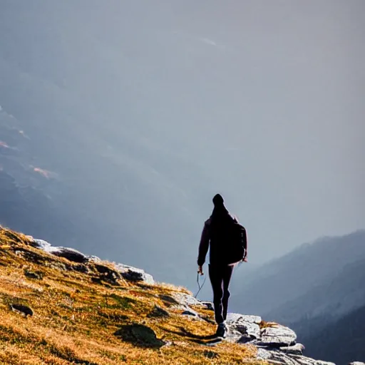 Image similar to person with hoodie walking up a mountain with a backpack that has katanas on the sides by ilya kuvshinov, amazing composition, astonishing detail, smooth lines, beautiful scenery