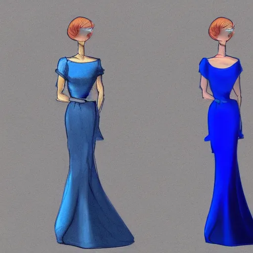 Image similar to character concept art design sketches of a lady in a blue dress,