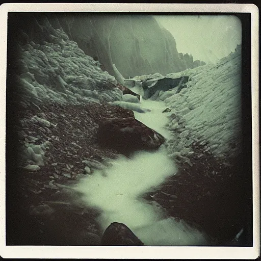 Image similar to a dark glacier cave with a low ceiling, small stream of water, icicles, deep, dark, creepy, eerie, unsettling, terrifying, old polaroid, expired film, deep, rough water,
