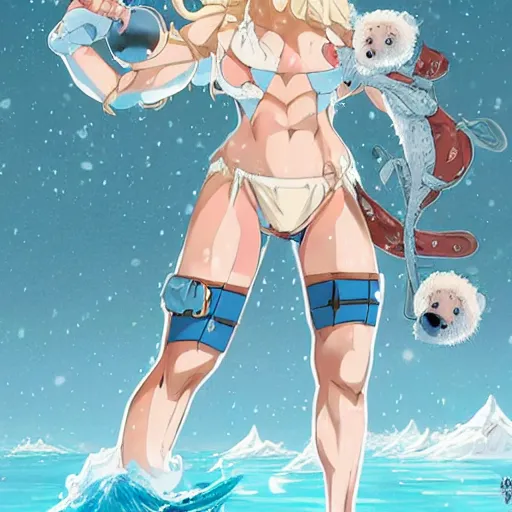 Image similar to bicolor - eyed blonde muscular anime girl warrior in bikini riding a polar bear in the snowy mountains background, digital painting, illustration by james jean and artgerm and mina petrovic and timothy kong and marina federovna, artstation