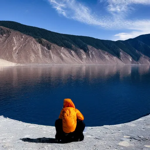 Prompt: an astronaut standing in the water of Lake Baikal and looking at the mountains. Photo by professional. Nikkor