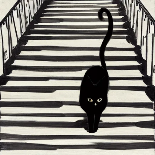 Prompt: wide shot of black cat walking down the stairs, outdoor, daytime, long shadows, highly detailed, warm colors, artstation, concept art, sharp focus, illustration, masterpiece