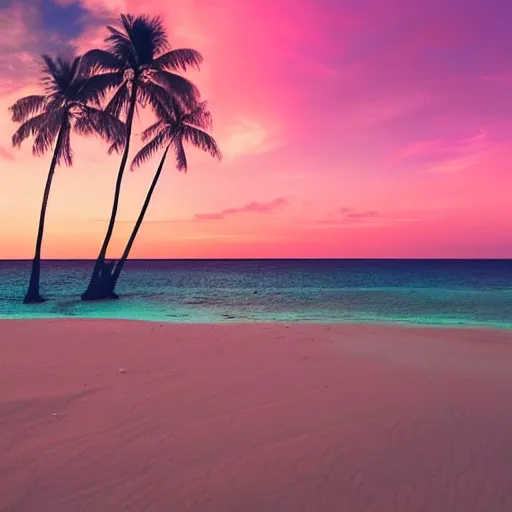 Image similar to Photo of the middle of the ocean, tiny islands made of sand and sandbars, a couple of palm trees, sunset, pink clouds, dreamy, enchanting, ultrarealistic