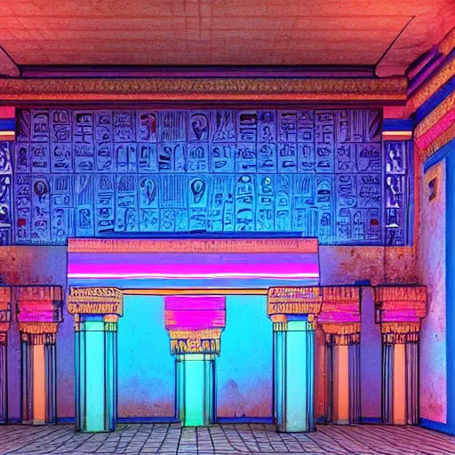 Image similar to a ancient egypt palace covered with blue and pink neons, retrowave art, trending on art station