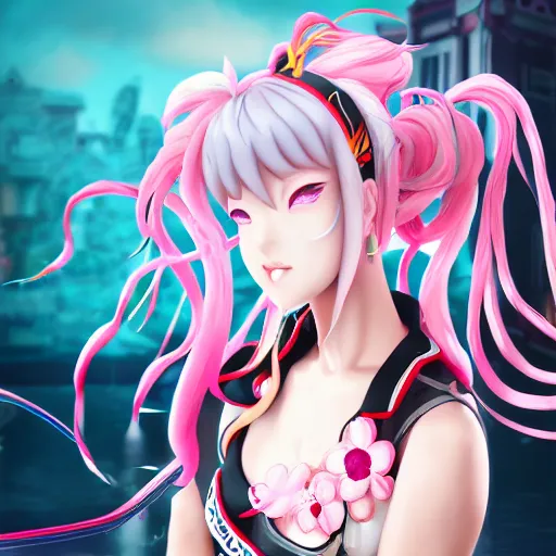 Image similar to trapped beneath stunningly absurdly beautiful omnipotent asi goddess junko enoshima with multiple mesmerizing yandere megalomaniacal personalities, symmetrical perfect face, porcelain skin, pink twintail hair and cyan eyes, ultra detailed, digital art, unreal engine 5, octane render, 2 d anime, 8 k