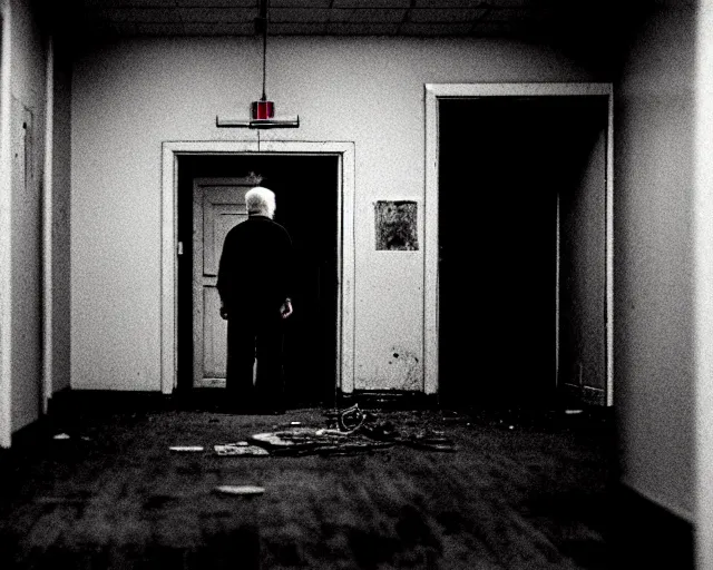 Image similar to creepy old man standing in the backrooms, the eerie forlorn atmosphere of a place that's usually bustling with people but is now abandoned and quiet, buzzing fluorescent lights above the ceiling, unsettling images, liminal space, dark,