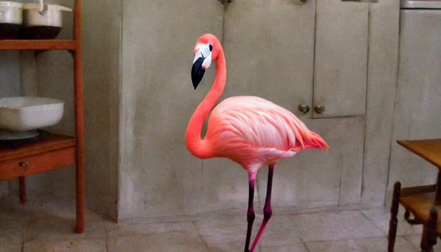 Prompt: a flamingo in a stalinist style kitchen, by mini dv camera, very very low quality, heavy grain, very blurry, accidental flash, webcam, caught on trail cam