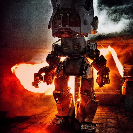 Image similar to toaster oven mecha head, dark messy smoke - filled cluttered workshop, dark, dramatic lighting, orange tint, sparks, cinematic, highly detailed, sci - fi, futuristic, movie still