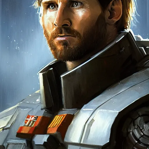 Image similar to portrait of lionel messi by greg rutkowski, space marine commander, messy blond hair, beard, tall and muscular, star wars expanded universe, he is about 3 0 years old, wearing a flying jacket, distrustful and arrogant, highly detailed portrait, digital painting, artstation, concept art, smooth, sharp foccus ilustration, artstation hq