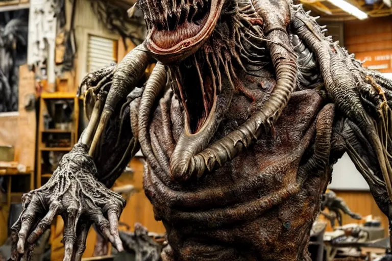 Prompt: photo taken of an epic intricate, ultra detailed, super realistic gritty, hero prop, exquisitely weathered animatronic movie prop of a lifelike sculpture of a nightmarish hellish alien creature displayed in the workshop, created by weta workshop, full body shot, photorealistic, sharp focus