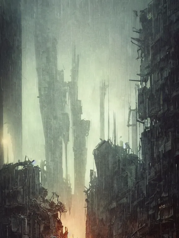 Image similar to a dark ruin city of a heart among the brutalism wreckage buildings in the rain,at dusk,by Hugh Ferriss,James Paick,Greg Rutkowski,aaron horkey,trending on pinterest,Blade Runner 2049,luxury,mythological,ultra realistic,high detail,golden ratio,cinematic lighting,maximalist