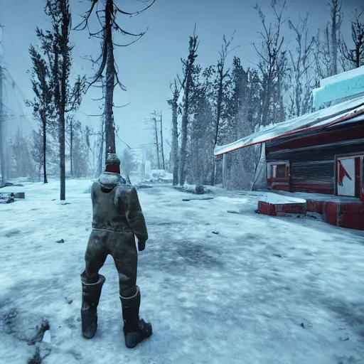 Prompt: Lapland in winter in ruins post-nuclear war in Fallout 4, in game screenshot