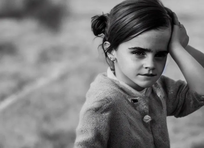 Image similar to professional fine detailed photo portrait of young emma watson from makhachkala, dagestan. kid emma watson in the postsoviet suburbia, iphone photo, instagram, black and white - - cfg _ scale 7