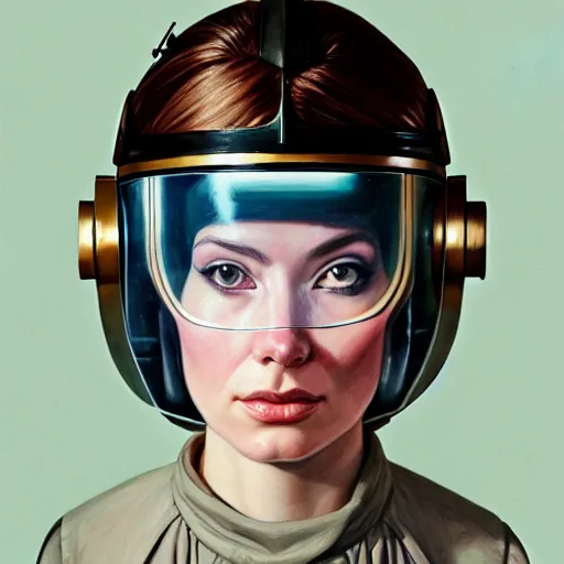 Image similar to A portrait of a girl wearing a vintage sci-fi astronaut helmet and holding a blaster, face, intricate, elegant, highly detailed, digital painting, artstation, concept art, smooth, sharp focus, illustration, art by phil noto and rebecca guay and james jean