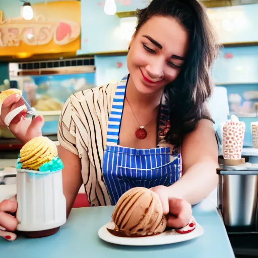 Prompt: young woman working at an ice cream parlor