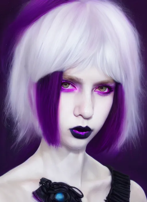 Image similar to portrait of white teenage girl, normal face, white bangs, mall goth, cyberlox, black and white hair, bangs, fluffy bangs, red contact lenses, purple lipstick, intricate, elegant, highly detailed, digital painting, artstation, concept art, sharp focus, smooth, illustration, art by wlop, mars ravelo and greg rutkowski