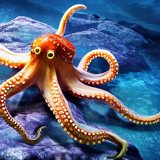 Image similar to A octopus in the ocean centered-photograph film still, dynamic action pose, National Geographic, insane detail, intricate, highly detailed, Zeiss Lens, DSLR photography, smooth, sharp focus, Unreal Engine 5, Octane Render, 85mm lens Redshift, depth of field 8K