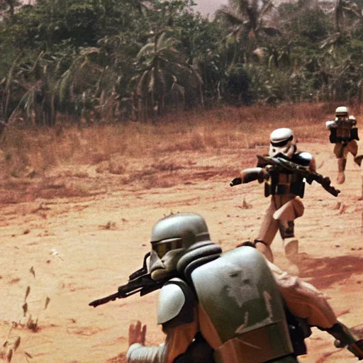 Image similar to star wars clone troopers combat soldiers in vietnam, photo, old picture, lush landscape, jungle, firearms, explosions, helicopters, aerial combat, active battle zone, flamethrower, air support, jedi, land mines, gunfire, violent, star destroyers, star wars lasers, sci - fi, jetpacks, agent orange, bomber planes, smoke, trench warfare