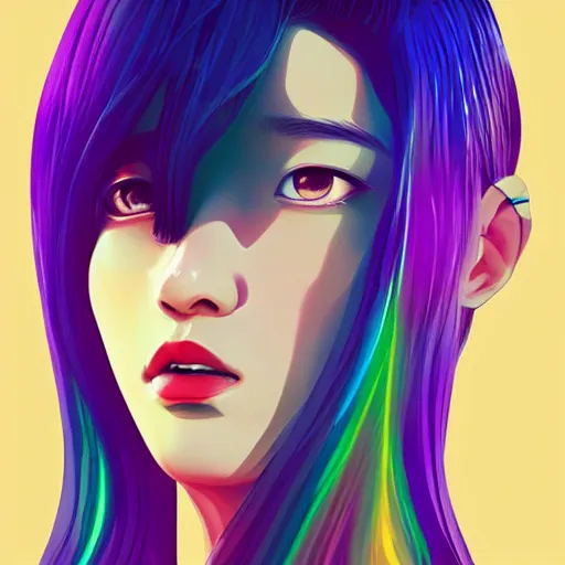 Image similar to half - electric jun ji hyun with cute - fine - face, pretty face, oil slick multicolored hair, perfect face, extremely fine details, volumetric lighting, dynamic background, poster by ilya kuvshinov