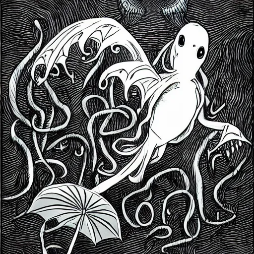 Prompt: an umbrella cockatoo summoning Cthulhu. dark fantasy, horror illustration.