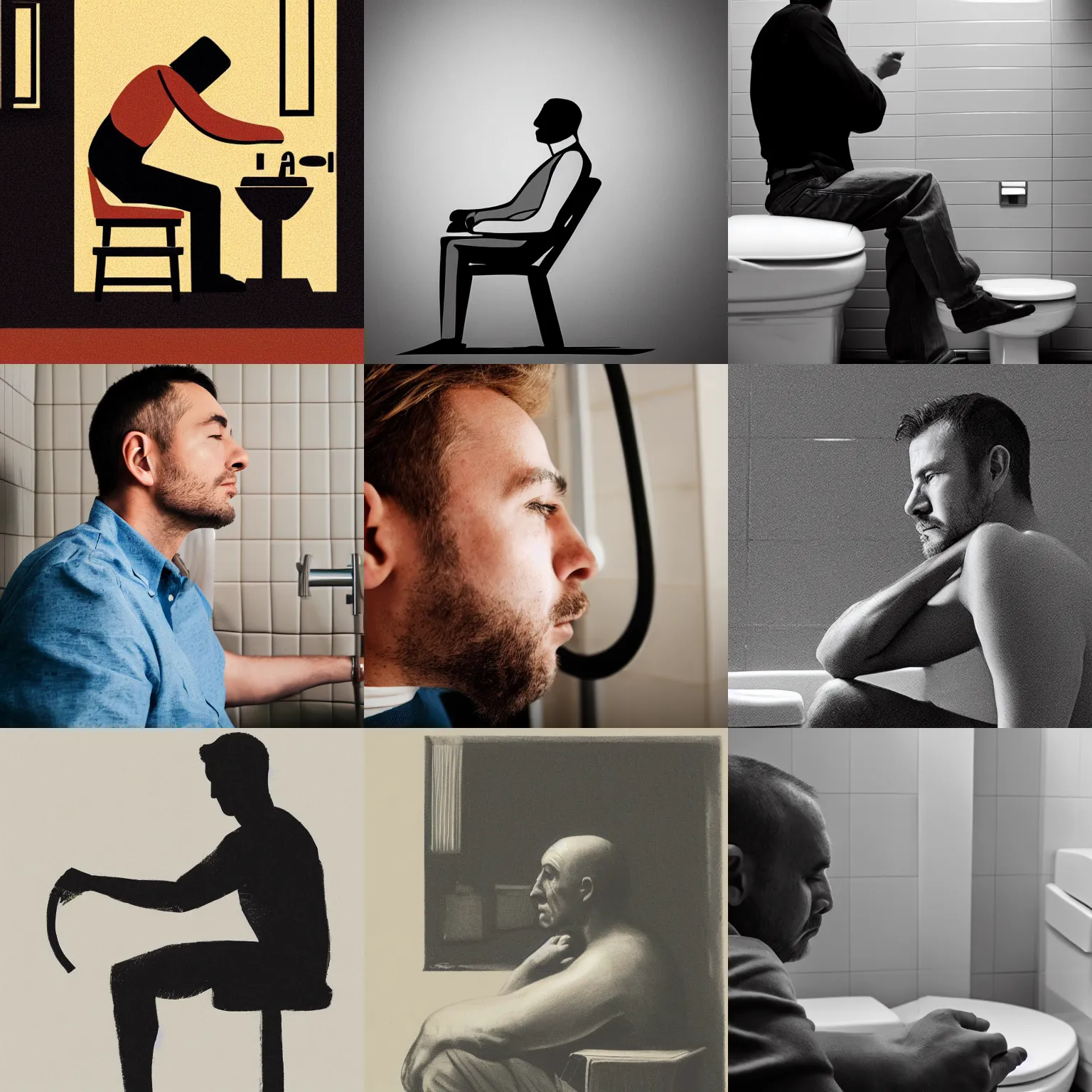 Prompt: a man is sitting on the toilet, profile