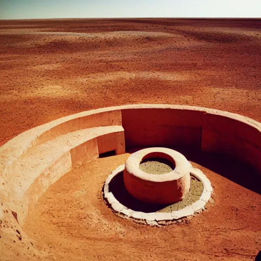 Image similar to a Non-Euclidean orb-like clay building sitting in the desert, vintage photo, beautiful cinematography, blue sky, film grain, extreme wide shot, far away, symmetrical, in the distance, James Turrell