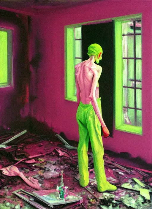 Image similar to a skinny, starving artist wearing overalls, painting the walls inside a deserted chernobyl chamber, hauntingly surreal, highly detailed painting by francis bacon, edward hopper, adrian ghenie, gerhard richter, and james jean, soft light 4 k in pink, green and blue colour palette, science fiction, highly detailed