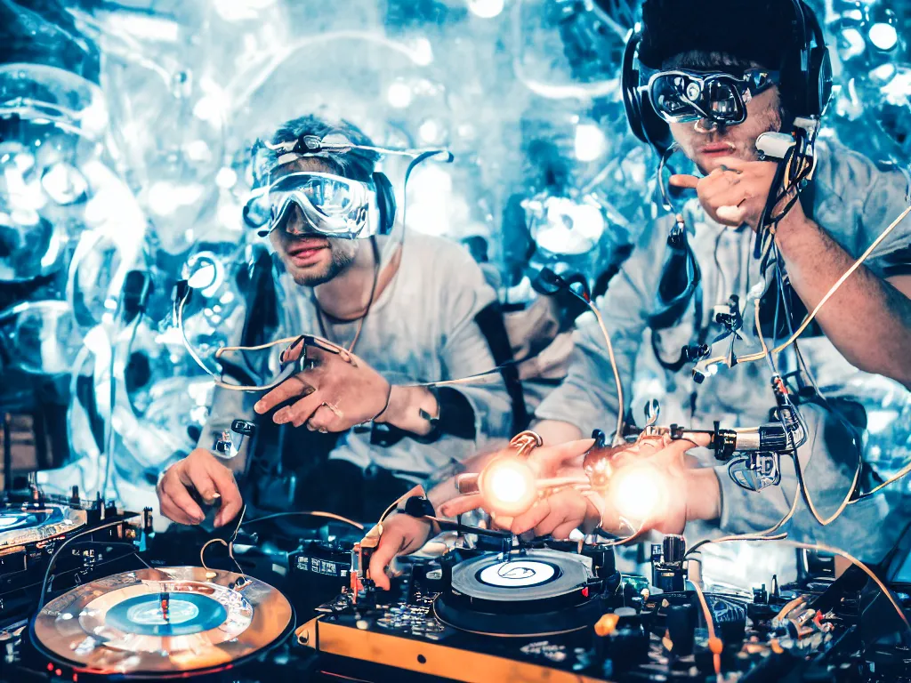 Image similar to a person wearing goggles and visor and headphones using a steampunk record player contraption, wires and tubes, turntablism dj scratching, intricate planetary gears, cinematic, imax, sharp focus, leds, bokeh, iridescent, black light, fog machine, hazy, lasers