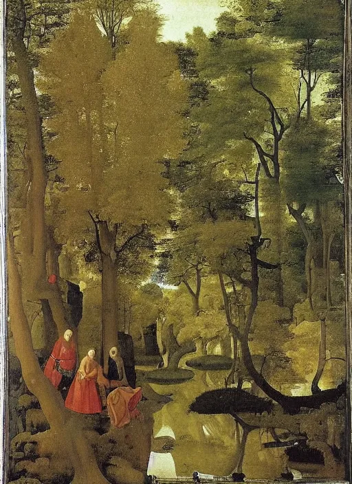 Image similar to into the river, the body seemed to dissolve in water. silver scales, splashed a pointed fin. The water broke ahead obeying the movement of a strong being. medieval painting by Jan van Eyck, Johannes Vermeer, forest