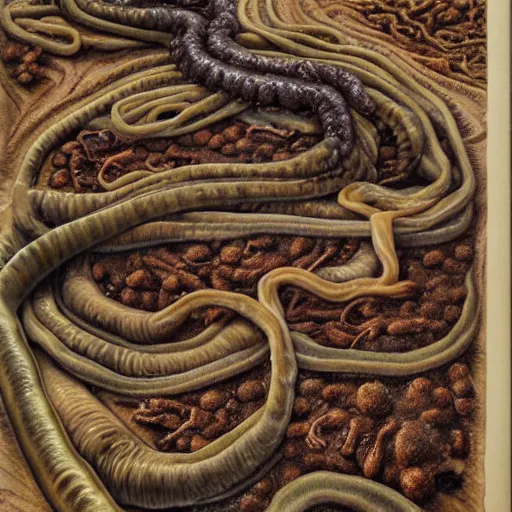 Image similar to miles of intestines filled with food, scientific illustration, gross, intricate detail, artgram,