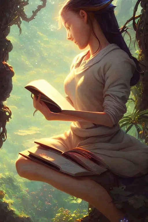 Image similar to highly detailed portrait of beautiful girl reading a book in avatar, dynamic pose, stephen bliss, unreal engine, fantasy art by greg rutkowski, loish, rhads, ferdinand knab, makoto shinkai and lois van baarle, ilya kuvshinov, rossdraws, tom bagshaw, global illumination, radiant light, detailed and intricate environment